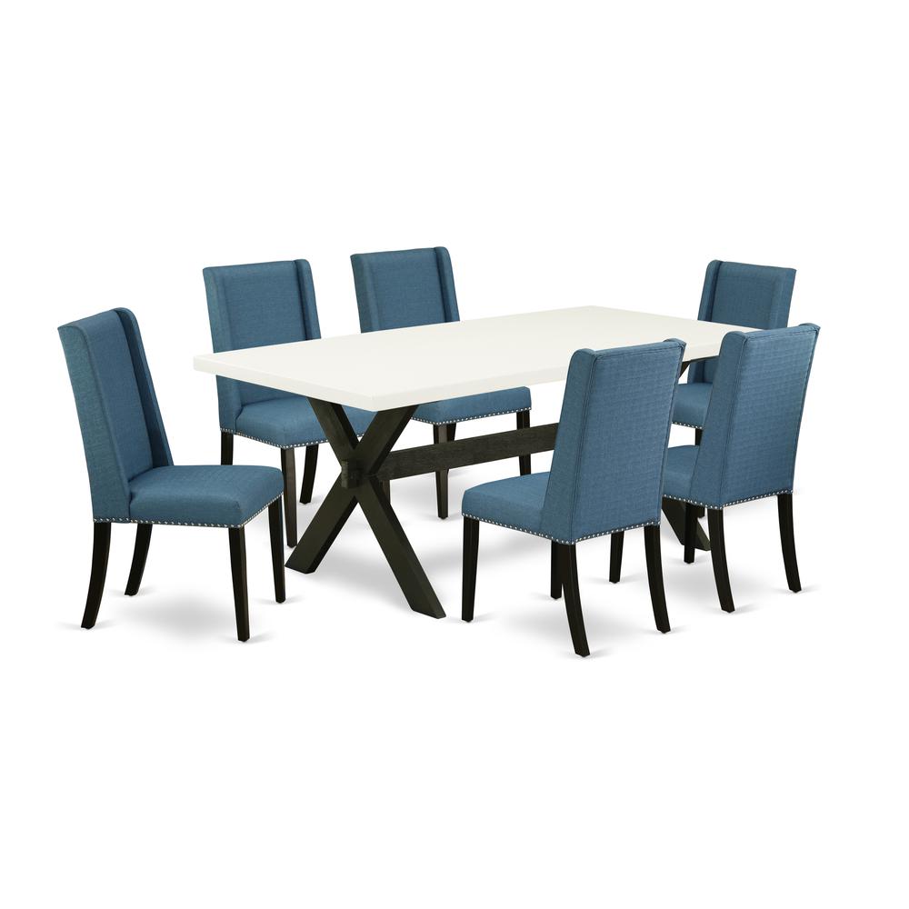 East West Furniture X627FL121-7 7-Piece Fashionable Dinette Set a Superb Linen White Modern Dining Table Top and 6 Attractive Linen Fabric Solid Wood Leg Chairs with Nail Heads and Stylish Chair Back,