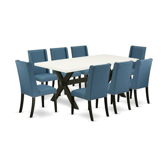 East West Furniture X627FL121-9 9-Piece Stylish Rectangular Dining Room Table Set a Great Cement Color Kitchen Rectangular Table Top and 8 Beautiful Linen Fabric Parson Dining Room Chairs with Nail He