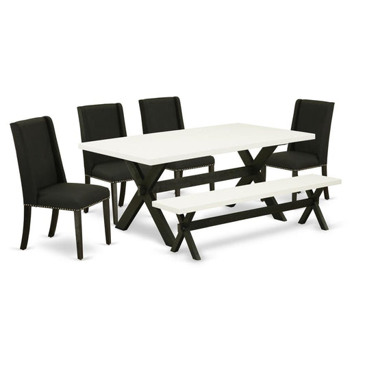 East West Furniture 6-Piece -Black Linen Fabric Seat and High Stylish Chair Back Kitchen chairs, A Rectangular Bench and Rectangular Top Wood Dining Table with Hardwood Legs - Linen White and Wire bru