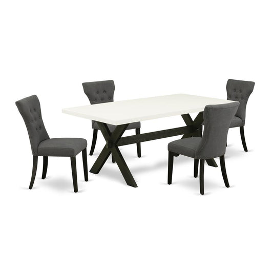 East West Furniture 5-Piece Rectangular Dining Table Set Included 4 kitchen parson chairs Upholstered Seat and High Button Tufted Chair Back and Rectangular Dining Table with Linen White Dinette Table