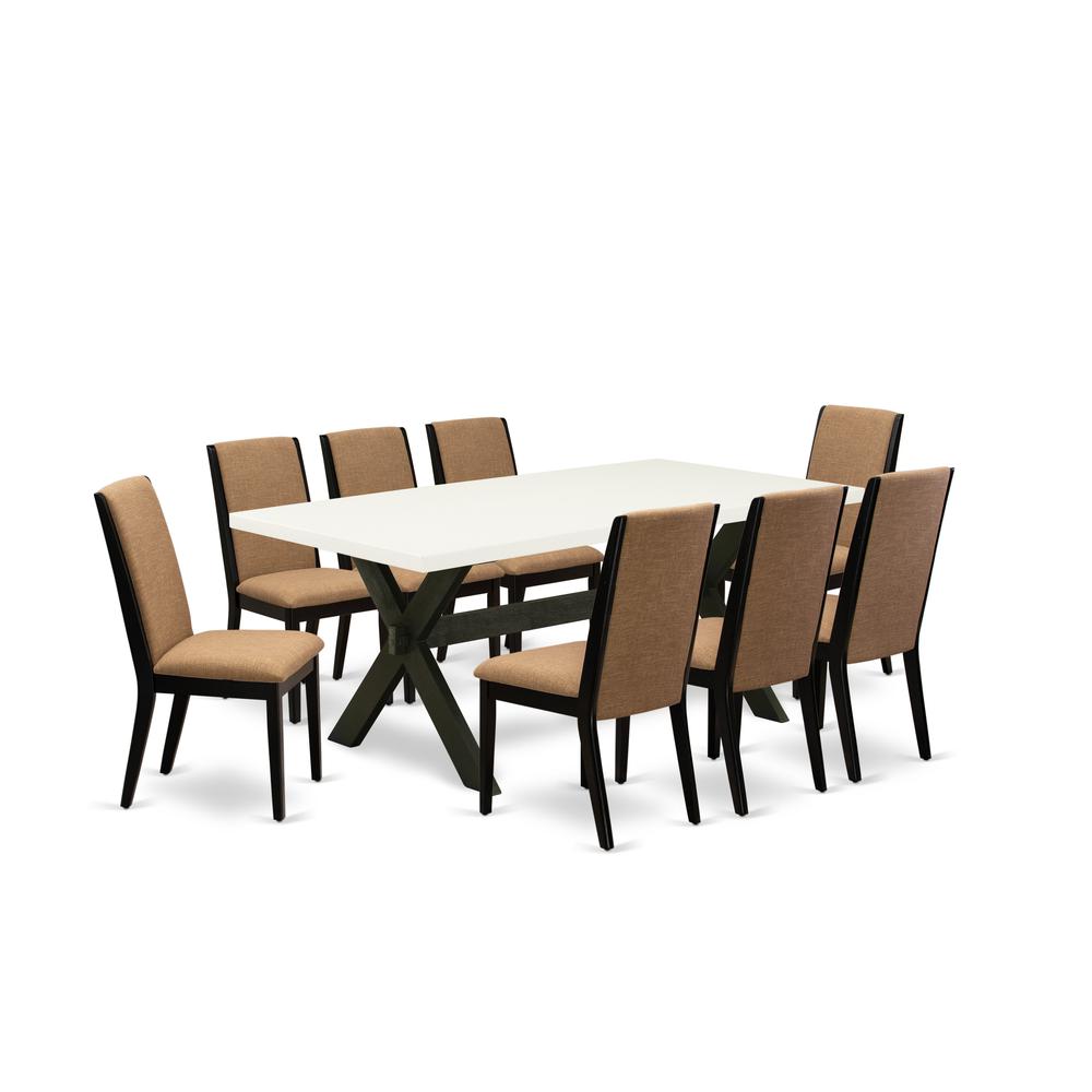 East West Furniture X627LA147-9 9-Piece Modern kitchen table set an Excellent Linen White Kitchen Table Top and 8 Excellent Linen Fabric Dining Chairs with Stylish Chair Back, Wire Brushed Black Finis