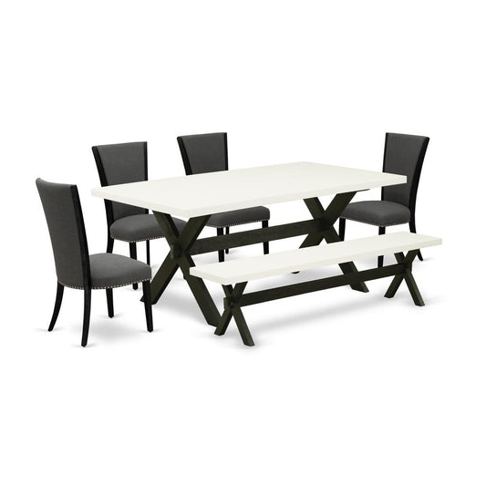 East West Furniture X627VE650-6 6 Piece Mid Century Dining Set - 4 Dark Gotham Grey Linen Fabric Upholstered Dining Chairs with Nailheads and Linen White Dinner Table - 1 Kitchen Bench - Black Finish