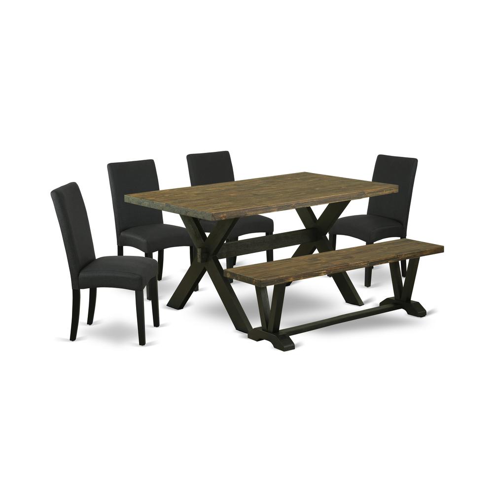 East West Furniture X676DR124-6 6-Piece Dining Table Set- 4 Kitchen Chairs with Black Linen Fabric Seat and Stylish Chair Back - Rectangular Top & Wooden Cross Legs Wood Kitchen Table and Wood Bench -