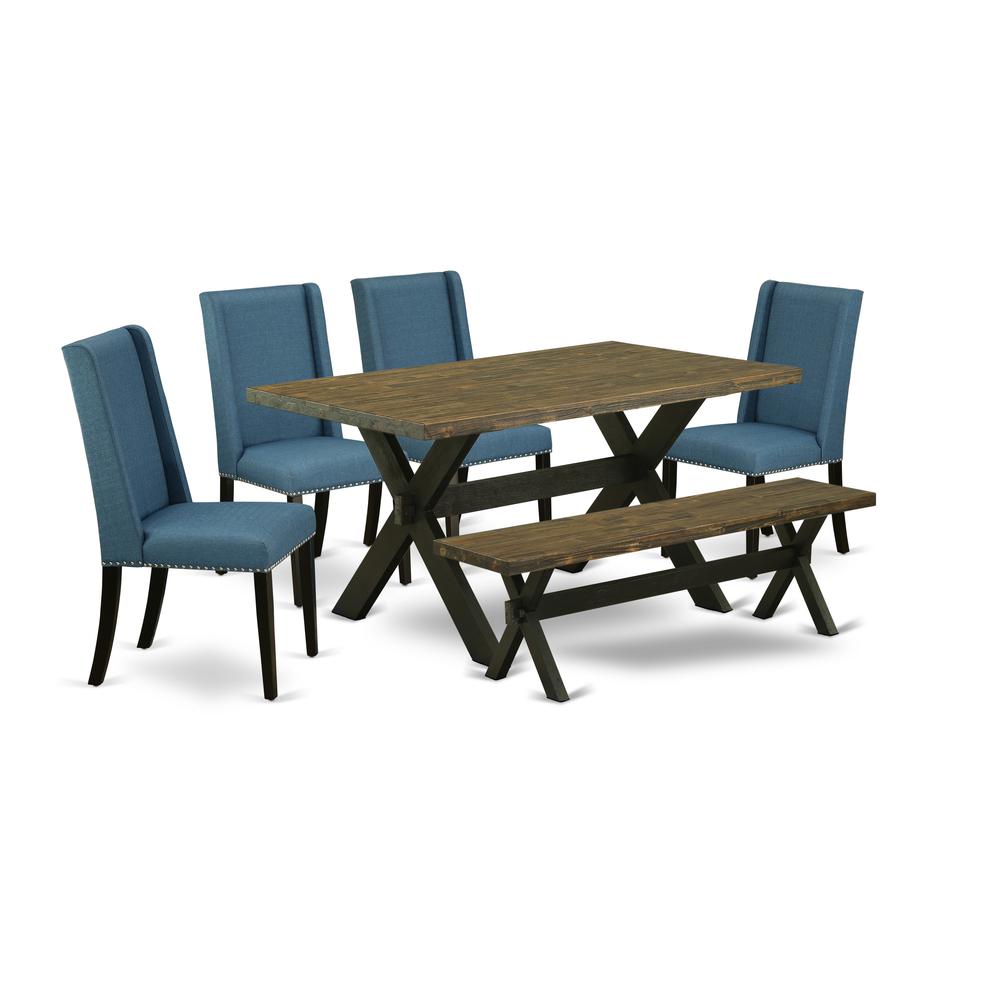 East West Furniture X676FL121-6 6-Piece Awesome kitchen table set an Outstanding Distressed Jacobean Kitchen Rectangular Table Top and Distressed Jacobean Wood Bench and 4 Excellent Linen Fabric Kitch