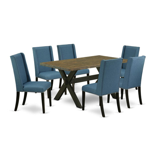 East West Furniture X676FL121-7 7-Piece Beautiful an Excellent Distressed Jacobean Rectangular Dining Table Top and 6 Amazing Linen Fabric Dining Chairs with Nail Heads and Stylish Chair Back, Wire Br