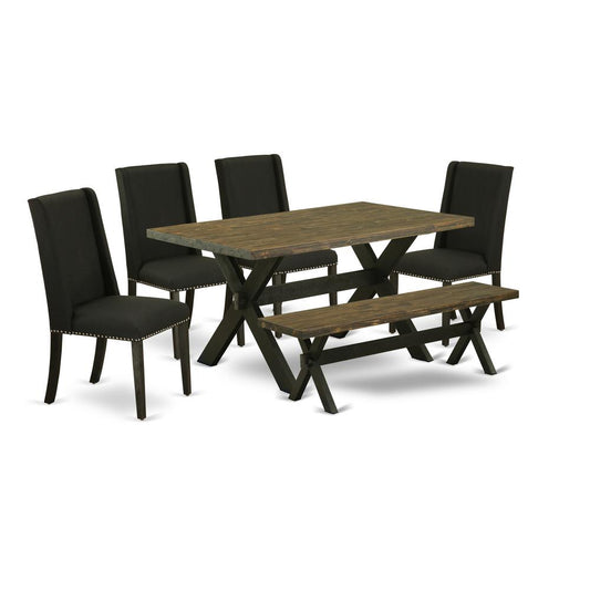 East West Furniture 6-Pc Dining Table Set-Black Linen Fabric Seat and High Stylish Chair Back Dining room chairs, A Rectangular Bench and Rectangular Top Modern Dining Table with Hardwood Legs - Distr