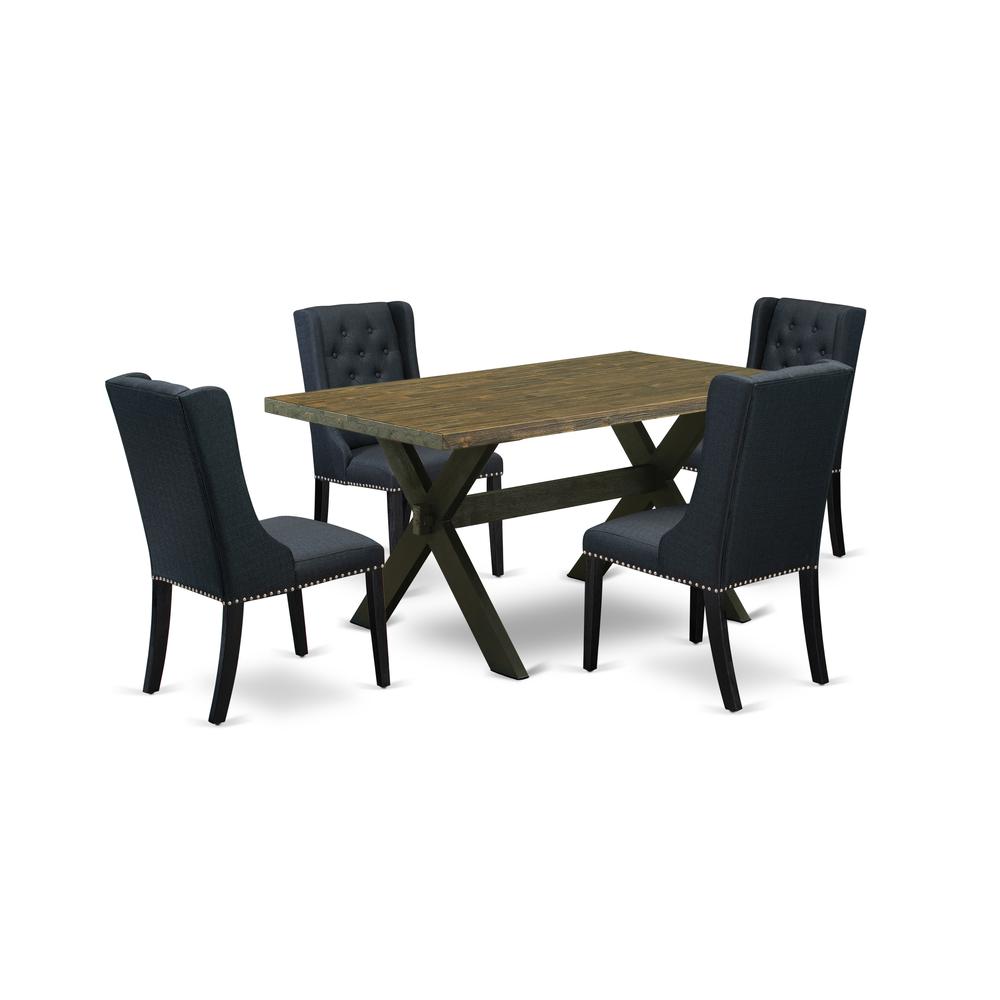 East West Furniture X676FO624-5 5 Pc Dining Room Table Set Consists of 4 Black Linen Fabric Dining Chairs with Nailheads and Distressed Jacobean Dining Table - Wire Brush Black Finish