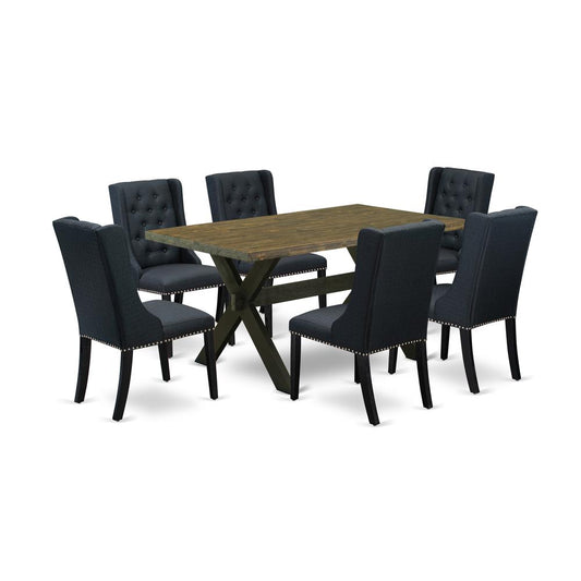 East West Furniture X676FO624-7 7 Piece Dining Set - 6 Black Parson Chairs Button Tufted with Nail heads and Distressed Jacobean Rectangular Table - Wire Brush Black Finish