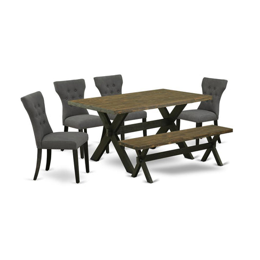 East West Furniture 6-Pc Table Dining Set-Dark Gotham Grey Linen Fabric Seat and Button Tufted Chair Back Parson Dining room chairs, A Rectangular Bench and Rectangular Top Kitchen Table with Solid Wo