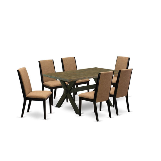 East West Furniture X676LA147-7 7-Piece Beautiful Dining Set an Outstanding Distressed Jacobean Dining Table Top and 6 Stunning Linen Fabric Kitchen Chairs with Stylish Chair Back, Wire Brushed Black