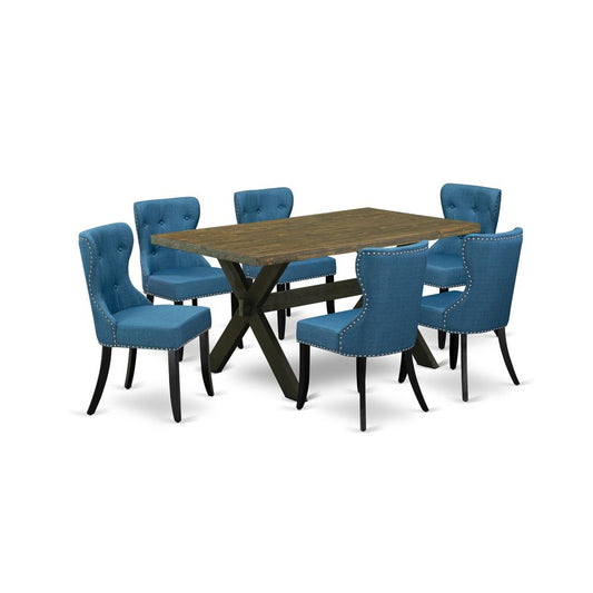 East West Furniture X676SI121-7 7-Pc Kitchen Dining Set- 6 padded parson chairs with Blue Linen Fabric Seat and Button Tufted Chair Back - Rectangular Table Top & Wooden Cross Legs - Distressed Jacobe