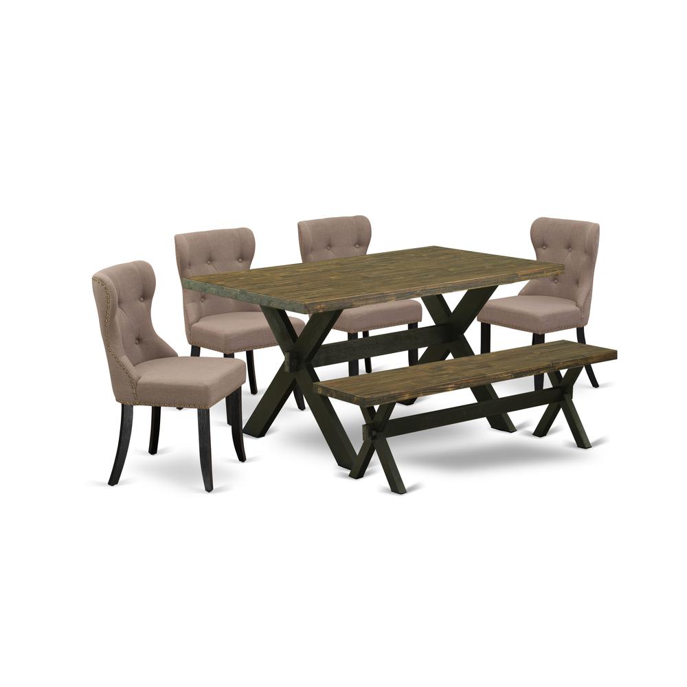 East West Furniture X676SI648-6 6-Piece Dining Table Set- 4 Mid Century Dining Chairs with Coffee Linen Fabric Seat and Button Tufted Chair Back - Rectangular Top & Wooden Cross Legs Dining Table and