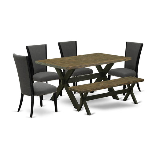 East West Furniture X676VE650-6 6 Piece Kitchen Table Set - 4 Dark Gotham Grey Linen Fabric Dining Chair with Nailheads and Distressed Jacobean Mid Century Dining Table - 1 Wood Bench - Black Finish