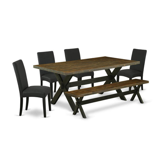 East West Furniture X677DR124-6 6-Pc Dinette Set- 4 Dining Chairs with Black Linen Fabric Seat and Stylish Chair Back - Rectangular Top & Wooden Cross Legs Wood Dining Table and Dining Room Bench - Di