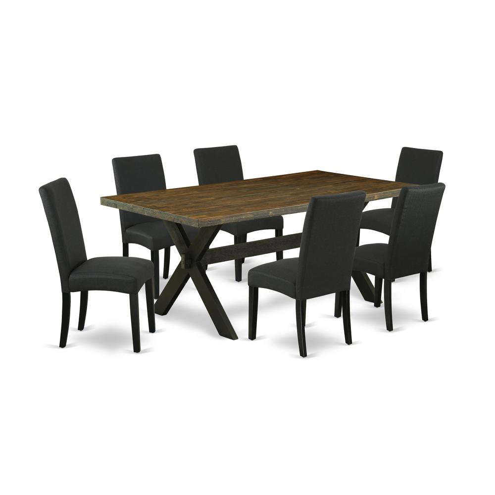 East West Furniture X677DR124-7 7-Pc Dining Room Set- 6 Parson Dining Chairs with Black Linen Fabric Seat and Stylish Chair Back - Rectangular Table Top & Wooden Cross Legs - Distressed Jacobean and B