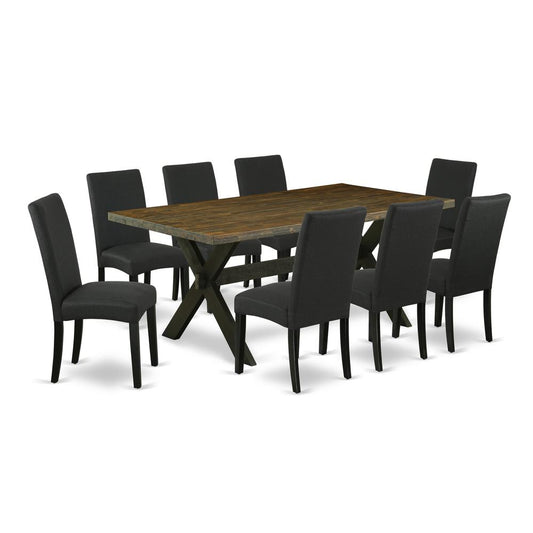 East West Furniture X677DR124-9 9-Pc Dining Table Set- 8 Parson Dining Chairs with Black Linen Fabric Seat and Stylish Chair Back - Rectangular Table Top & Wooden Cross Legs - Distressed Jacobean and