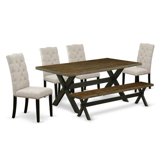 East West Furniture 6-Pc Wooden Dining Table Set-Doeskin Linen Fabric Seat and Button Tufted Chair Back Dining chairs, A Rectangular Bench and Rectangular Top Wood Dining Table with Hardwood Legs - Di