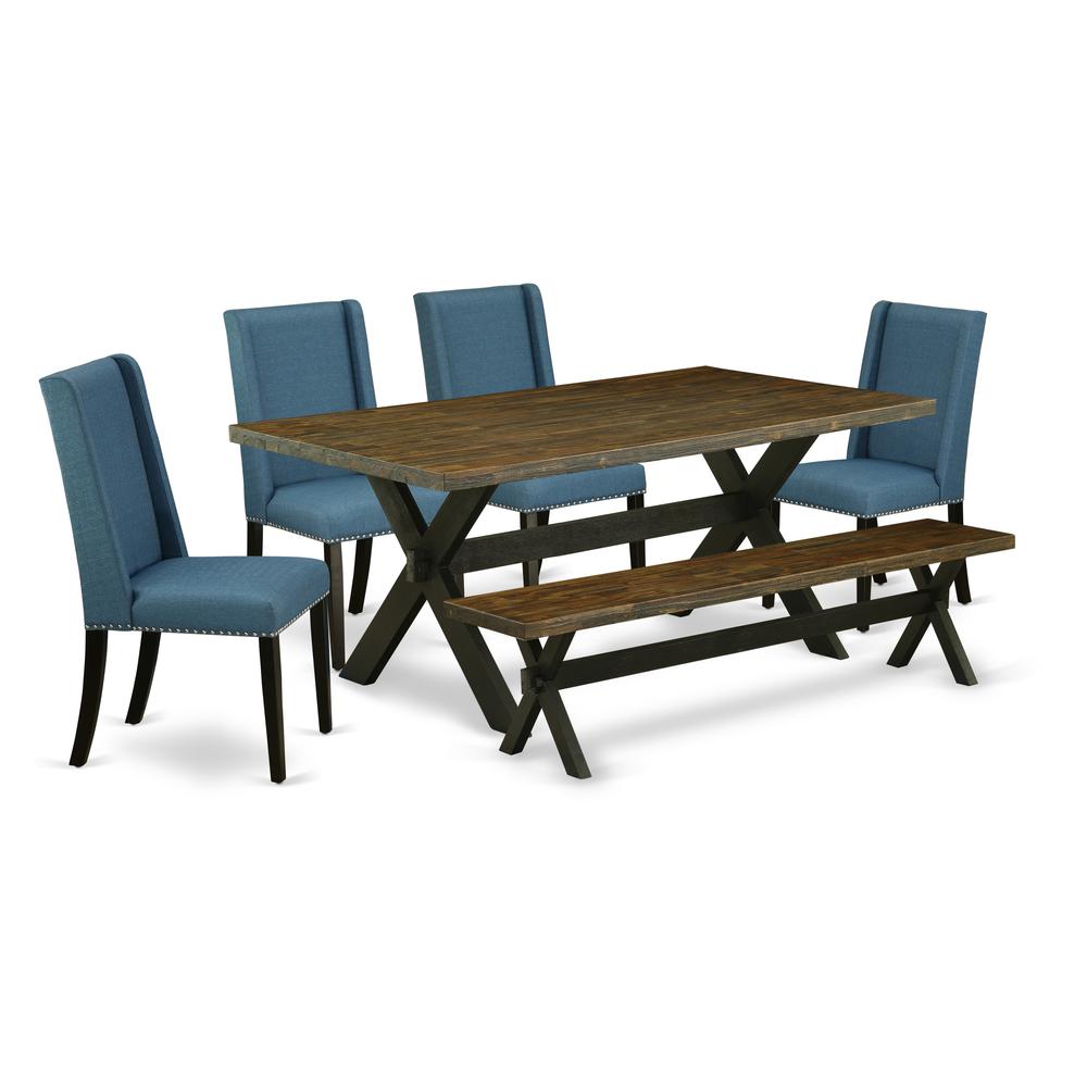 East West Furniture X677FL121-6 6-Piece Stylish Rectangular Table Set an Outstanding Distressed Jacobean Kitchen Rectangular Table Top and Distressed Jacobean Dining Bench and 4 Lovely Linen Fabric Di