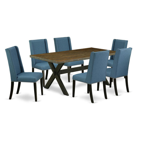 East West Furniture X677FL121-7 7-Piece Beautiful Dinette Set an Outstanding Distressed Jacobean Dining Table Top and 6 Awesome Linen Fabric Dining Chairs with Nail Heads and Stylish Chair Back, Wire