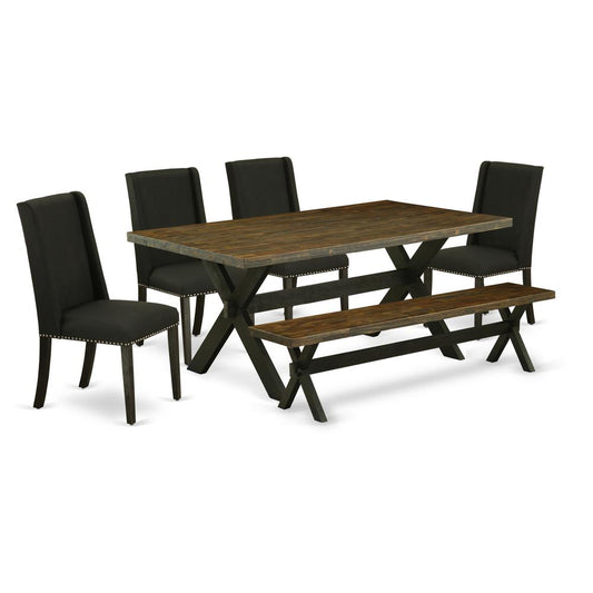 East West Furniture 6-Piece Mid Century Dining Table Set-Black Linen Fabric Seat and High Stylish Chair Back Parson Dining chairs, A Rectangular Bench and Rectangular Top Dining room Table with Wood L