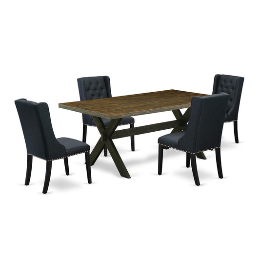 East West Furniture X677FO624-5 - 5 Piece Dining Table Set Consists of 4 Black Linen Fabric Dining Chairs with Nail heads and Distressed Jacobean Dining Table - Wire Brush Black Finish