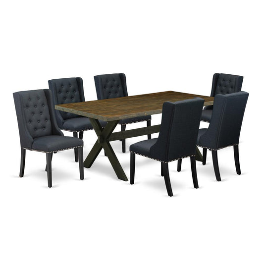 East West Furniture X677FO624-7 7 Pc Dining Table Set - 6 Black Linen Fabric Padded Chair Button Tufted with Nailheads and Distressed Jacobean Dinner Table - Wire Brush Black Finish