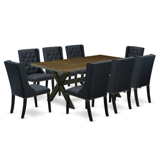 East West Furniture X677FO624-9 9 Piece Dining Set - 8 Black Linen Fabric Dining Chairs Button Tufted with Nail heads and Distressed Jacobean Wood Table - Wire Brush Black Finish