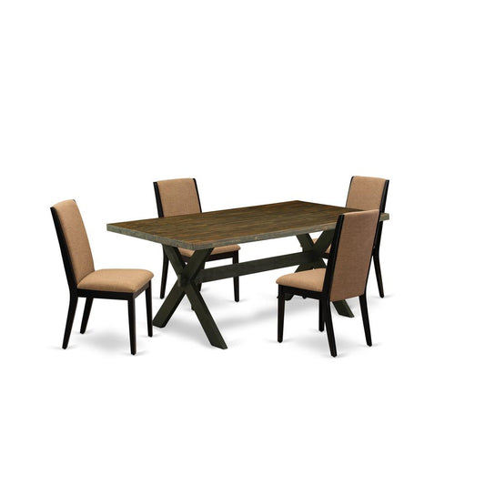 East West Furniture X677LA147-5 5-Piece Stylish Dining Table Set an Excellent Distressed Jacobean rectangular Table Top and 4 Beautiful Linen Fabric Dining Chairs with Stylish Chair Back, Wire Brushed