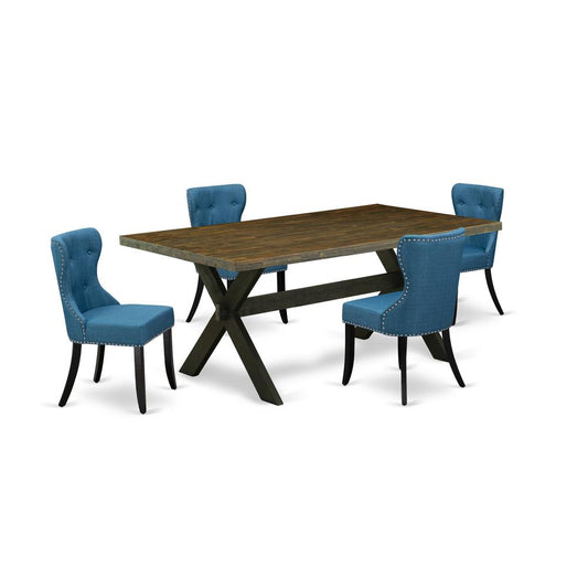 East West Furniture X677SI121-5 5-Piece Dinette Room Set- 4 Upholstered Dining Chairs with Blue Linen Fabric Seat and Button Tufted Chair Back - Rectangular Table Top & Wooden Cross Legs - Distressed