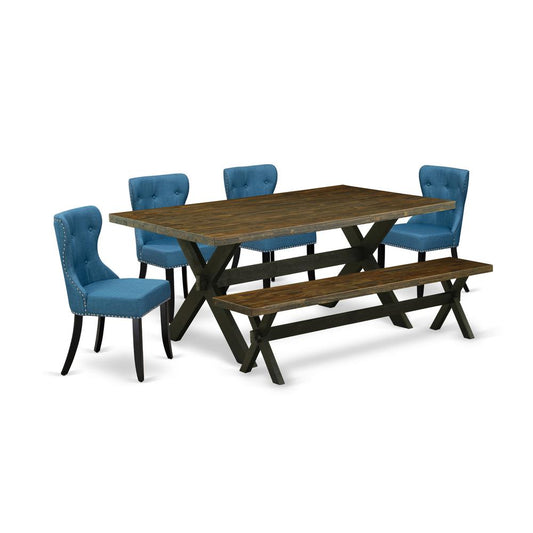 East West Furniture X677SI121-6 6-Piece Modern Dining Set- 4 Parson Dining Room Chairs with Blue Linen Fabric Seat and Button Tufted Chair Back - Rectangular Top & Wooden Cross Legs Kitchen Table and