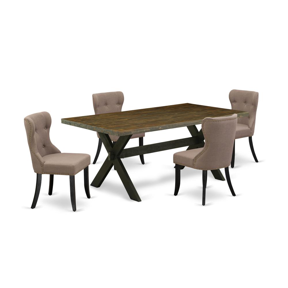 East West Furniture X677SI648-5 5-Pc Dining Table Set- 4 Dining Padded Chairs with Coffee Linen Fabric Seat and Button Tufted Chair Back - Rectangular Table Top & Wooden Cross Legs - Distressed Jacobe