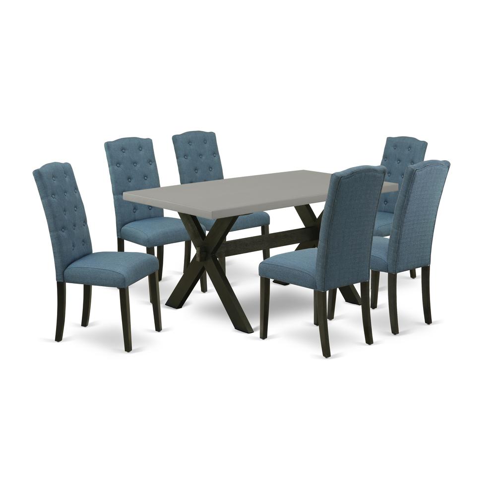 East West Furniture X696CE121-7 7-Pc Kitchen Table Set - 6 Padded Parson Chairs and 1 Modern Rectangular Cement Dining Table Top with Button Tufted Chair Back - Wire Brushed Black Finish