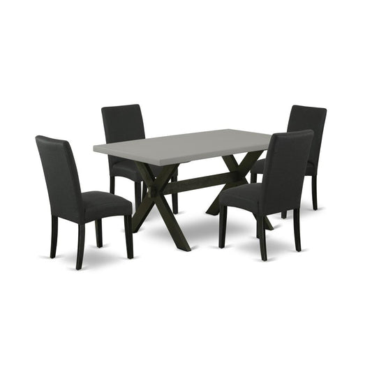 East West Furniture 5-Piece Dining Room Set- 4 Upholstered Dining Chairs with Black Linen Fabric Seat and Stylish Chair Back - Rectangular Table Top & Wooden Cross Legs - Cement and Black Finish