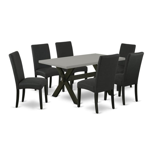 East West Furniture 7-Piece Modern Dining Set- 6 Upholstered Dining Chairs with Black Linen Fabric Seat and Stylish Chair Back - Rectangular Table Top & Wooden Cross Legs - Cement and Black Finish