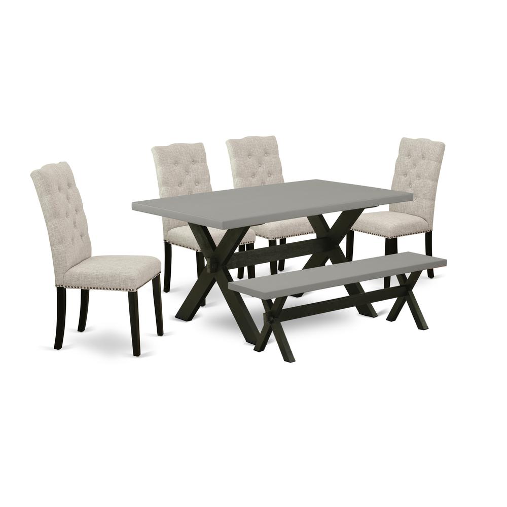 East West Furniture 6-Pc Wood Dining Table Set-Doeskin Linen Fabric Seat and Button Tufted Chair Back Kitchen chairs, A Rectangular Bench and Rectangular Top dining table with Solid Wood Legs - Cement