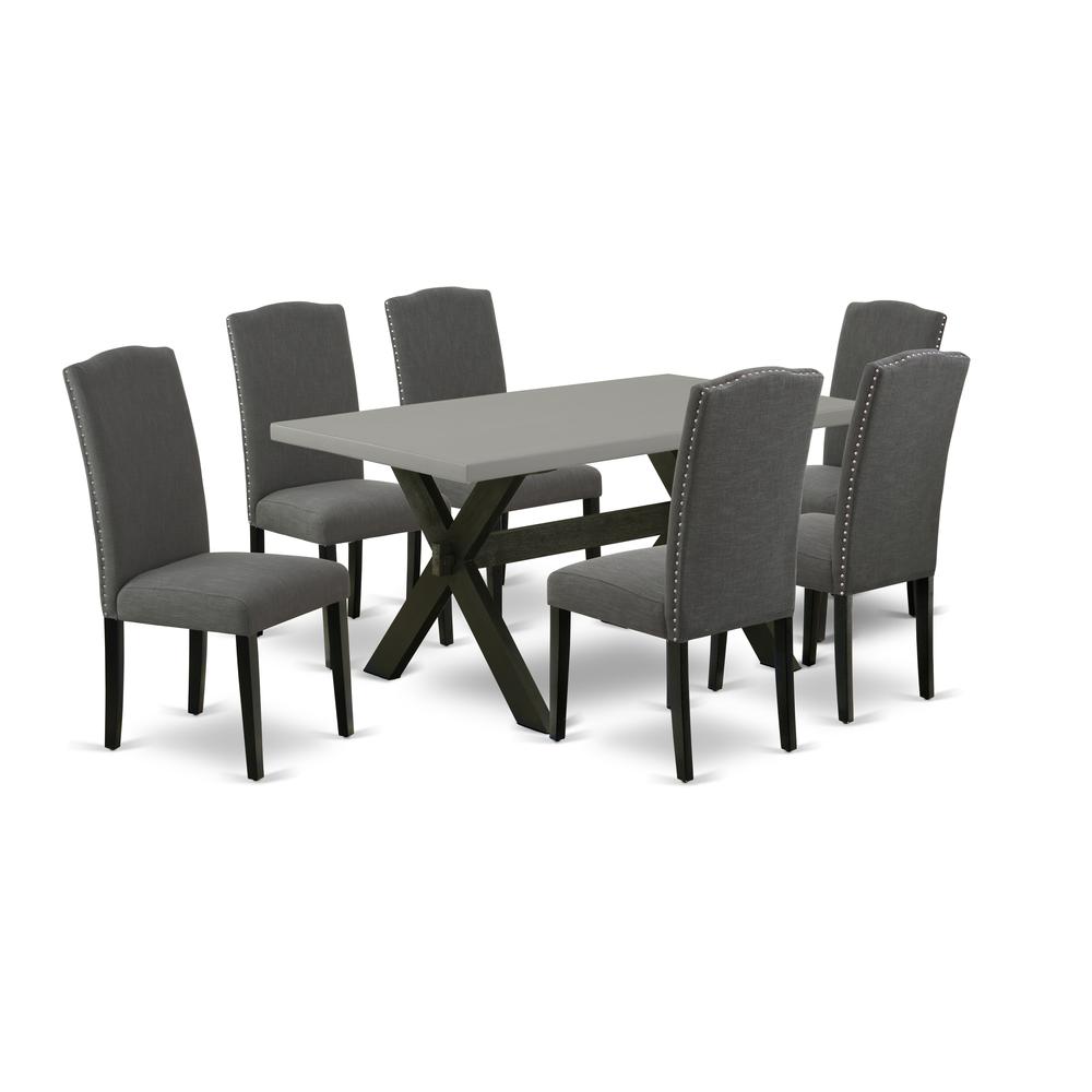 East West Furniture X696EN120-7 7-Pc Dining Room Set - 6 Upholstered Dining Chairs and 1 Modern Rectangular Cement Kitchen Table Top with High stylish Chair Back – Wire Brushed Black Finish