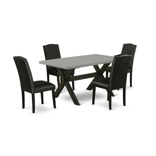 East West Furniture X696EN169-5 5-Pc Dining Room Table Set - 4 Kitchen Chairs and 1 Modern Cement Kitchen Dining Table Top with High Stylish Chair Back – Wire Brushed Black Finish