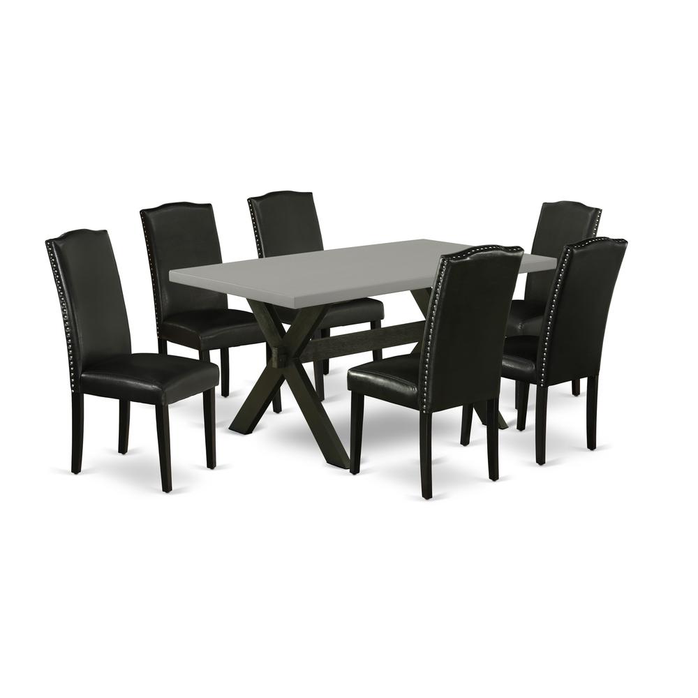 East West Furniture X696EN169-7 7-Pc Dining Room Table Set - 6 Parson Dining Chairs and 1 Modern Cement Kitchen Dining Table Top with High Stylish Chair Back – Wire Brushed Black Finish