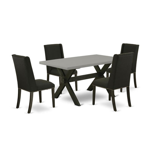 East West Furniture 5-Pc Dining Table Set Included 4 Dining Chair Upholstered Nails Head Seat and Stylish Chair Back and rectangular dining Dining Table with Cement Color Kitchen Table Top - Black Fin