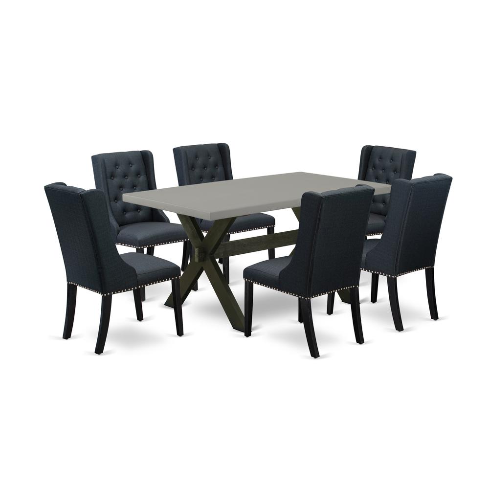 East West Furniture X696FO624-7 7 Pc Dining Set Includes 6 Black Linen Fabric Dining Room Chairs Button Tufted with Nail heads and Dining Room Table - Wire Brush Black Finish