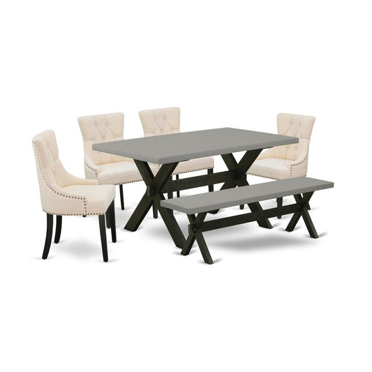 East West Furniture X696FR102-6 6-Pc Dining Table Set - 4 Dining Chairs, a Dining Table Bench Cement Top and 1 Modern Cement Dining Table Top - Wire Brushed Black Finish