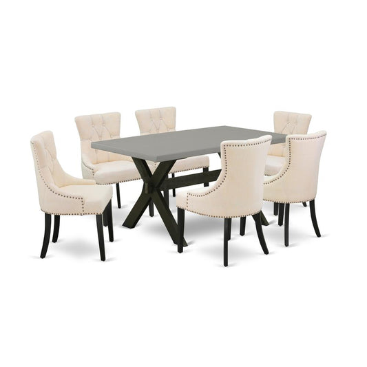 East West Furniture X696FR102-7 7-Pc Dining Table Set - 6 Dining Chairs and 1 Modern Rectangular Cement Dining Room Table Top with Button Tufted Chair Back - Wire Brushed Black Finish