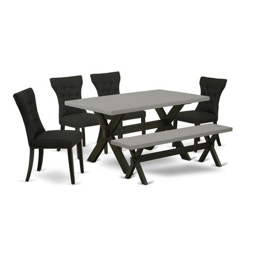 East West Furniture X696GA124-6 6-Pc Dining Table Set - 4 Dining Chairs, a Dining Bench Cement Top and 1 Modern Cement Dining Table Top - Wire Brushed Black Finish