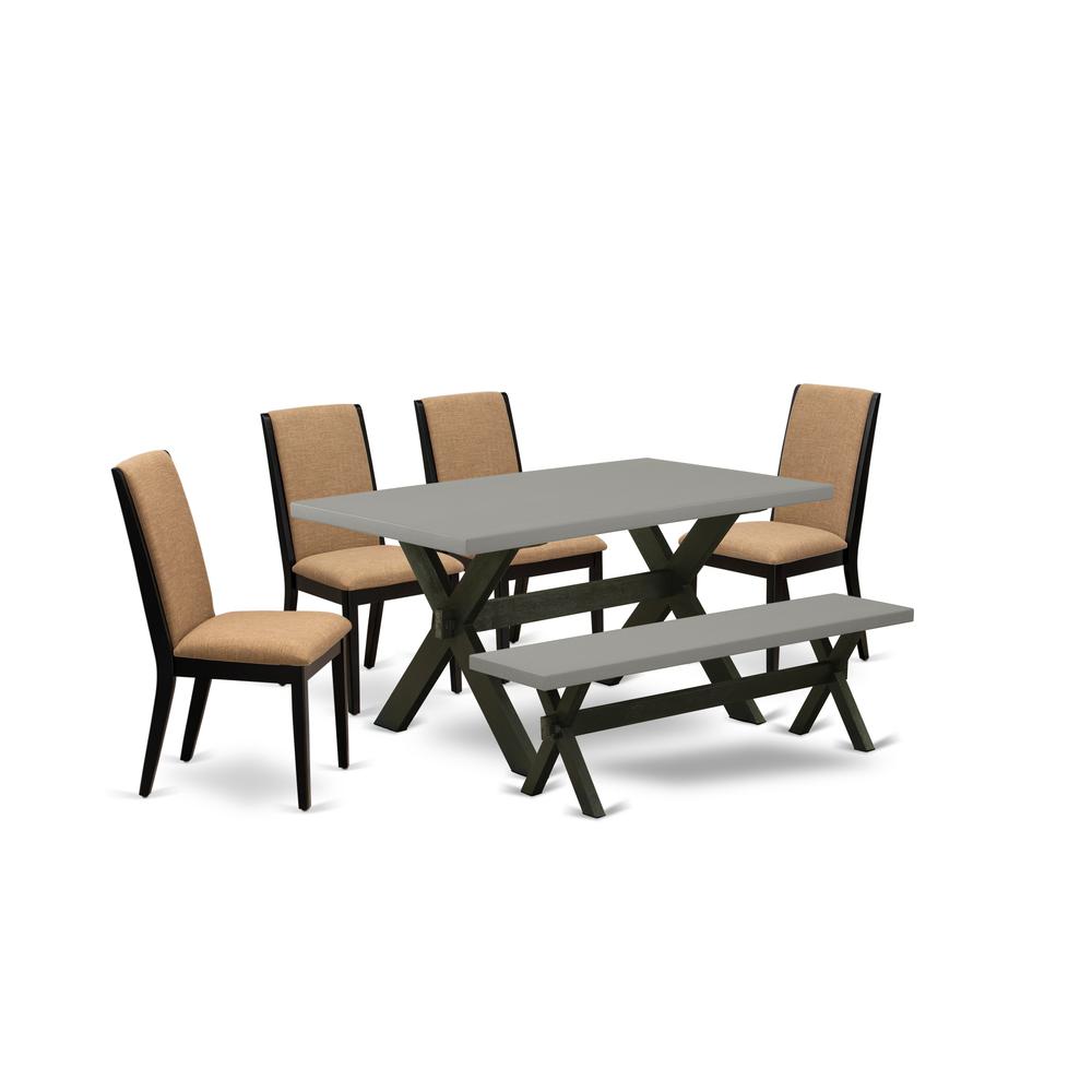 East West Furniture X696LA147-6 6-Piece Stylish Dining Table Set an Excellent Cement Color Dining Table Top and Cement Color Dining Room Bench and 4 Excellent Linen Fabric Kitchen Parson Chairs with S