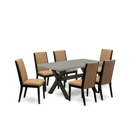 East West Furniture X696LA147-7 7-Piece Beautiful Dining Room Set a Superb Cement Color Kitchen Rectangular Table Top and 6 Gorgeous Linen Fabric Parson Chairs with Stylish Chair Back, Wire Brushed Bl