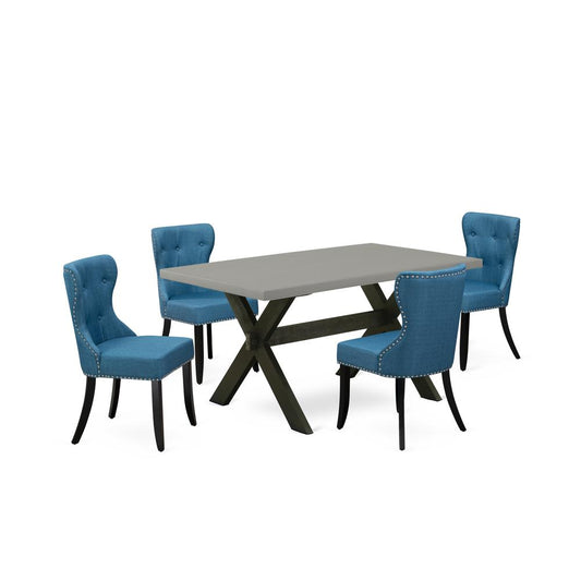 East West Furniture X696SI121-5 5-Pc Dinette Room Set- 4 Kitchen Parson Chairs with Blue Linen Fabric Seat and Button Tufted Chair Back - Rectangular Table Top & Wooden Cross Legs - Cement and Wire Br