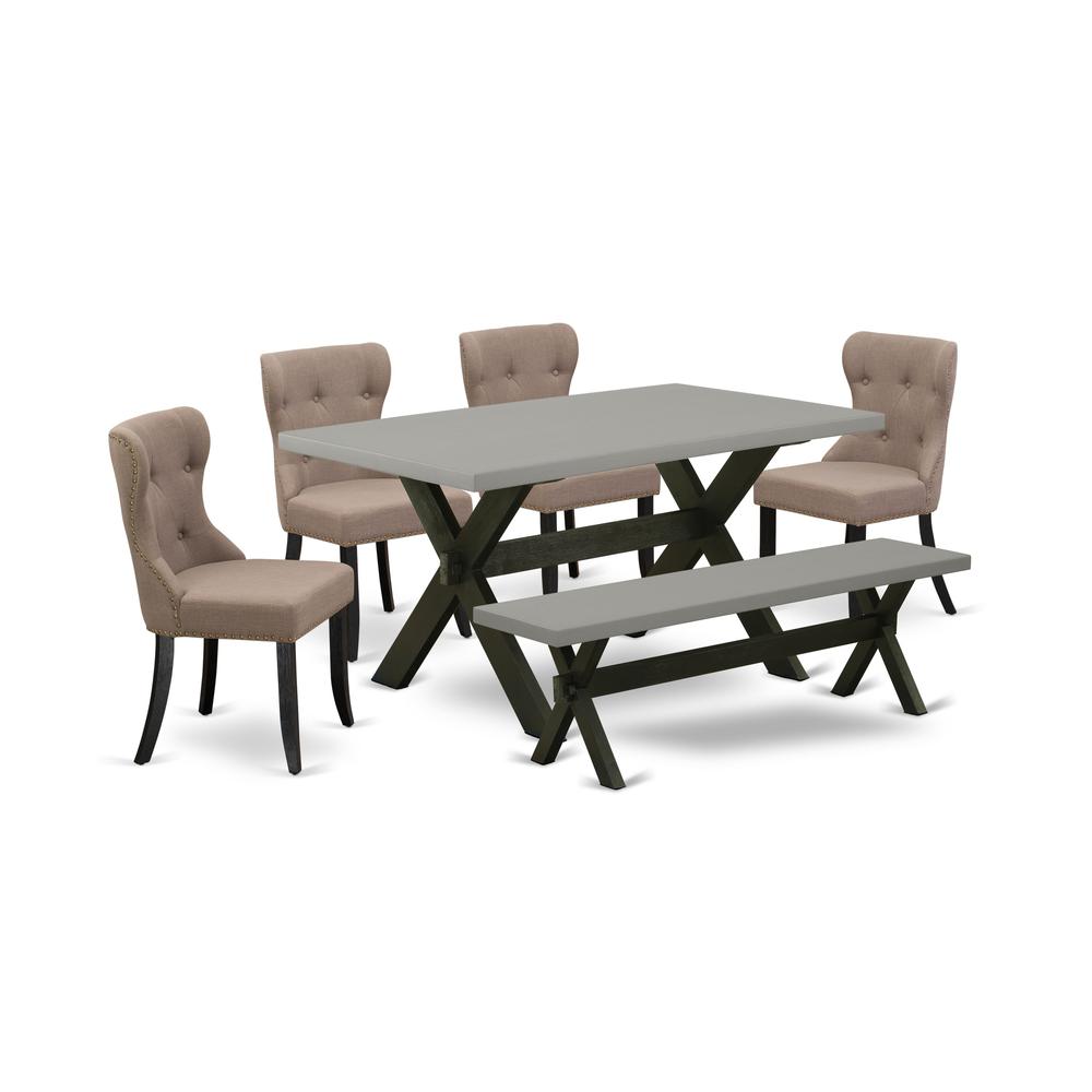 East West Furniture X696SI648-6 6-Pc Dining Table Set- 4 Dining Chairs with Coffee Linen Fabric Seat and Button Tufted Chair Back - Rectangular Top & Wooden Cross Legs Kitchen Table and Indoor Bench -