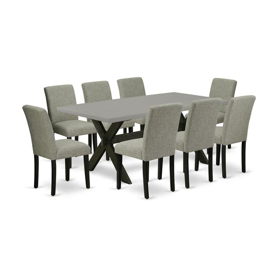 East West Furniture X697AB106-9 9 Pc Dining Room Set - 8 Mid Century Dining Chairs and 1 Modern Rectangular Cement Wood Dining Table Top with High Chair Back - Wire Brushed Black Finish