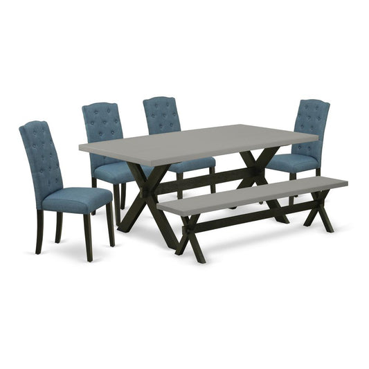 East West Furniture X697CE121-6 6-Pc Dining Room Table Set - 4 Dining Padded Chairs, a Kitchen Bench Cement Top and 1 Modern Cement Breakfast Table Top - Wire Brushed Black Finish