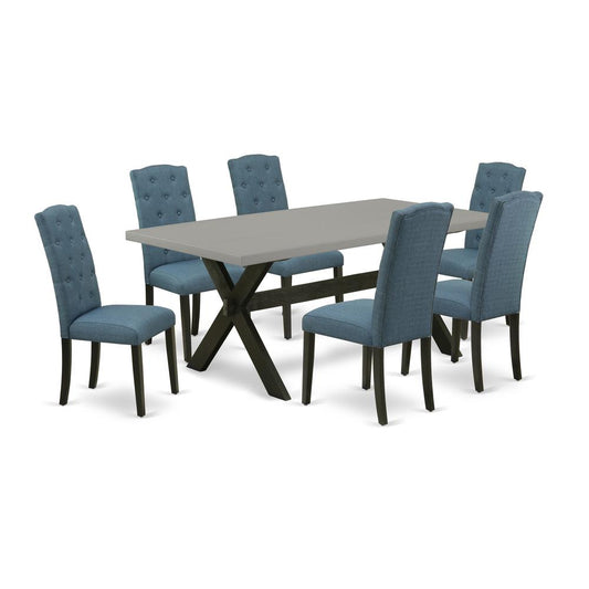 East West Furniture X697CE121-7 7-Pc Dining Room Table Set - 6 Dining Chairs and 1 Modern Rectangular Cement Dining Table Top with Button Tufted Chair Back - Wire Brushed Black Finish